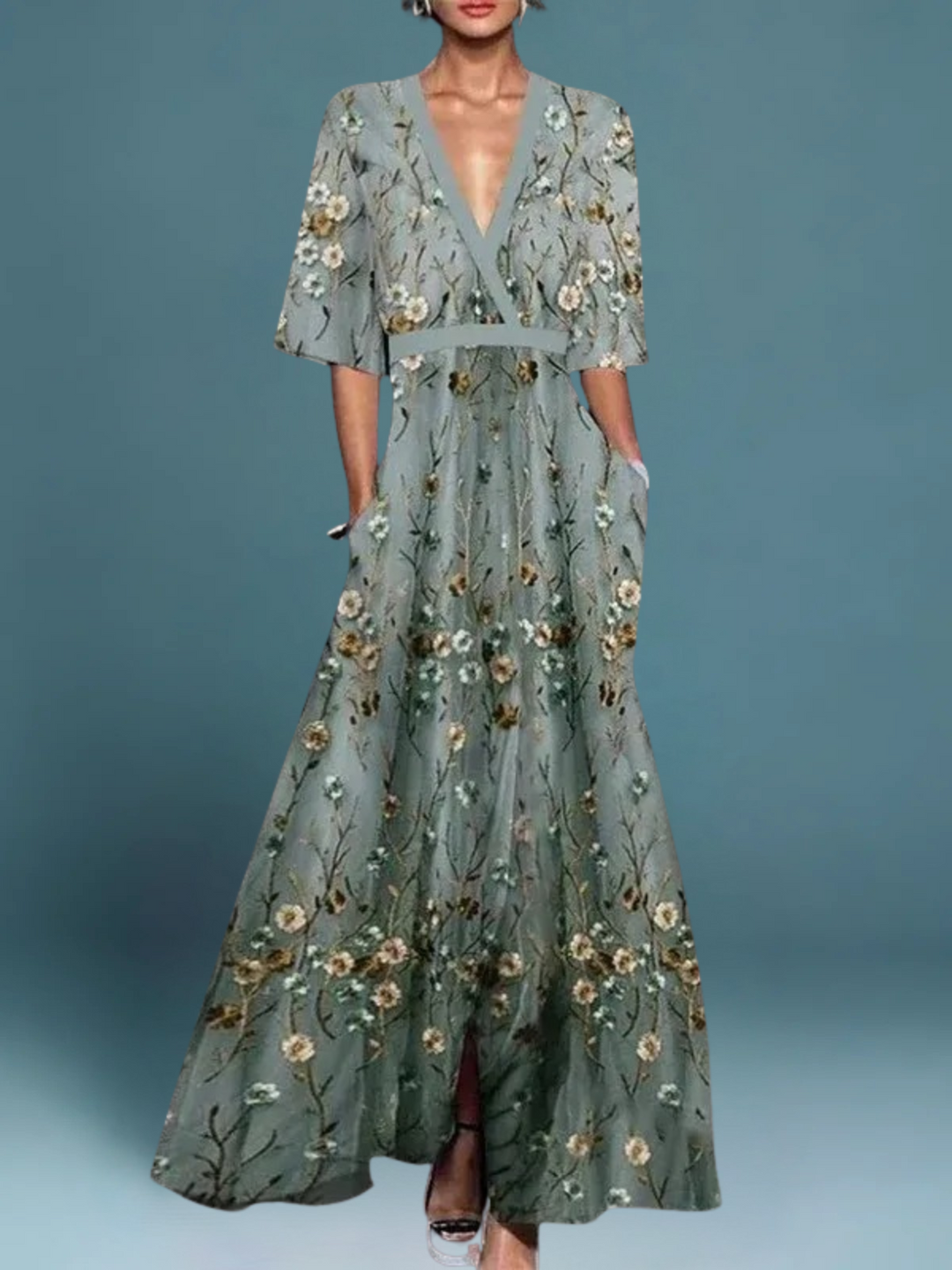 Lauren - Chic Floral V-Neck Bohemian Dress with Belt