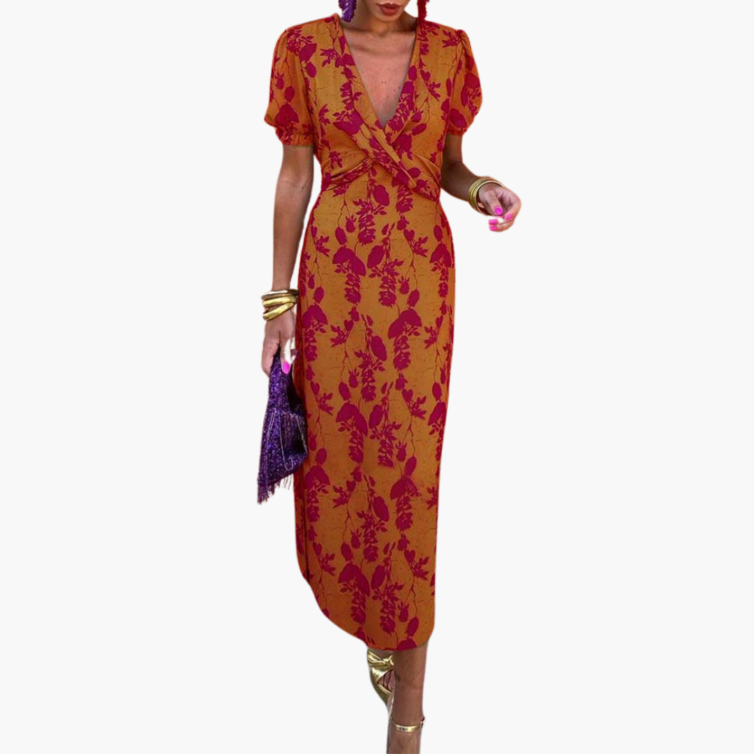 Julia | Elegant Deep V-Neck Dress with Leaf Pattern