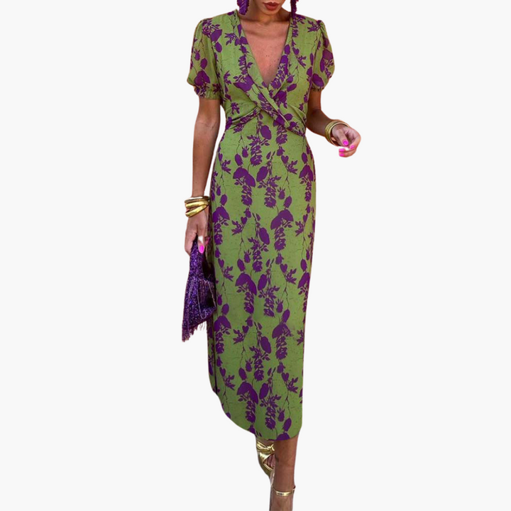 Julia | Elegant Deep V-Neck Dress with Leaf Pattern
