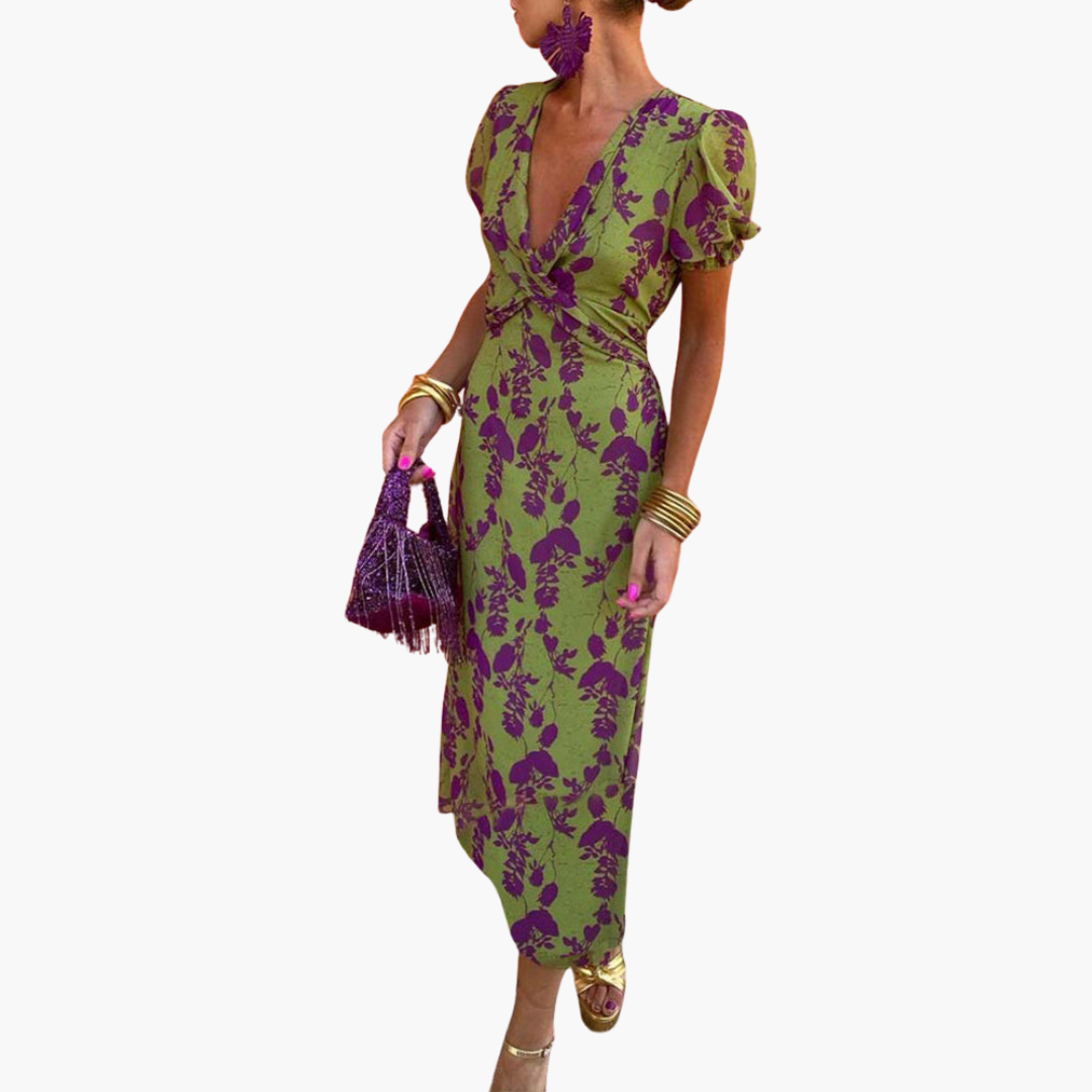 Julia | Elegant Deep V-Neck Dress with Leaf Pattern