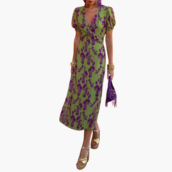 Julia | Elegant Deep V-Neck Dress with Leaf Pattern