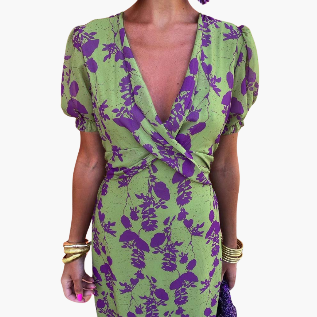 Julia | Elegant Deep V-Neck Dress with Leaf Pattern