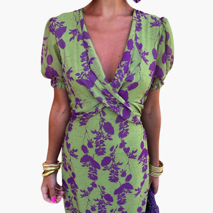 Julia | Elegant Deep V-Neck Dress with Leaf Pattern