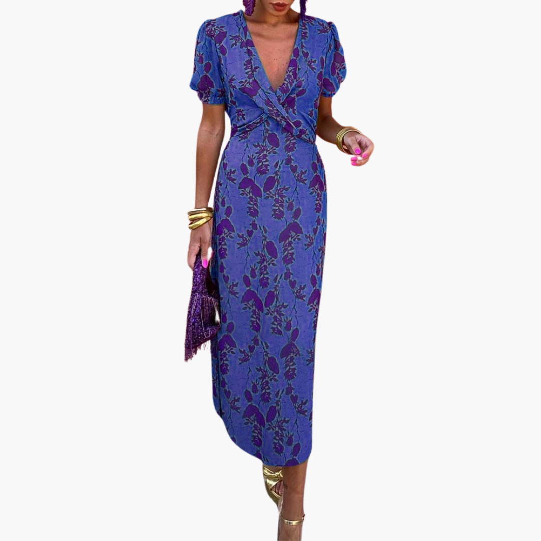 Julia | Elegant Deep V-Neck Dress with Leaf Pattern