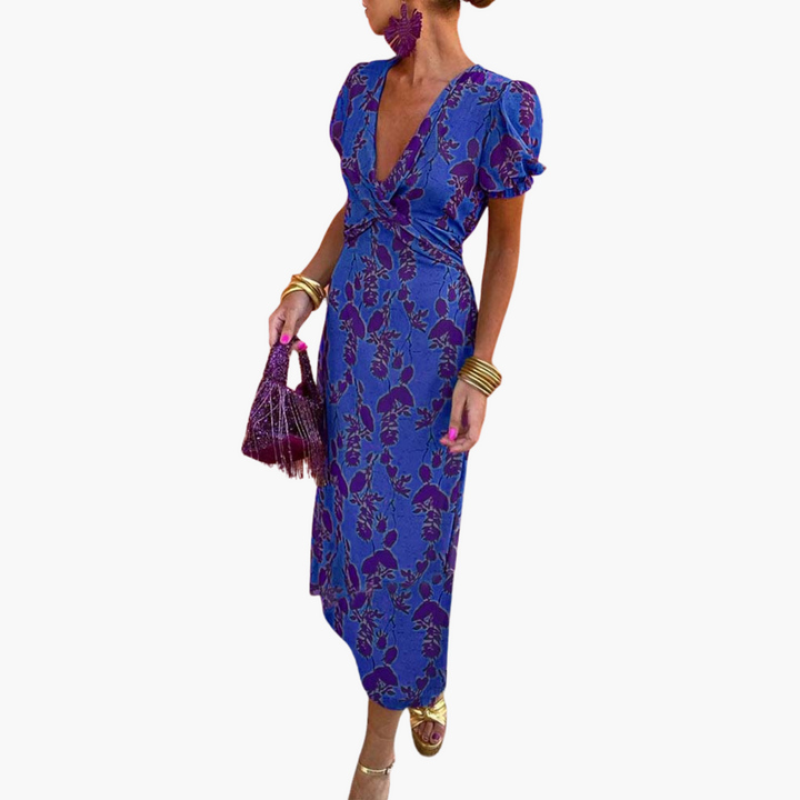 Julia | Elegant Deep V-Neck Dress with Leaf Pattern