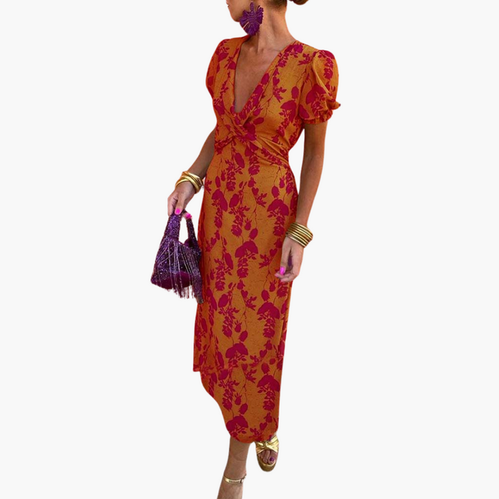 Julia | Elegant Deep V-Neck Dress with Leaf Pattern