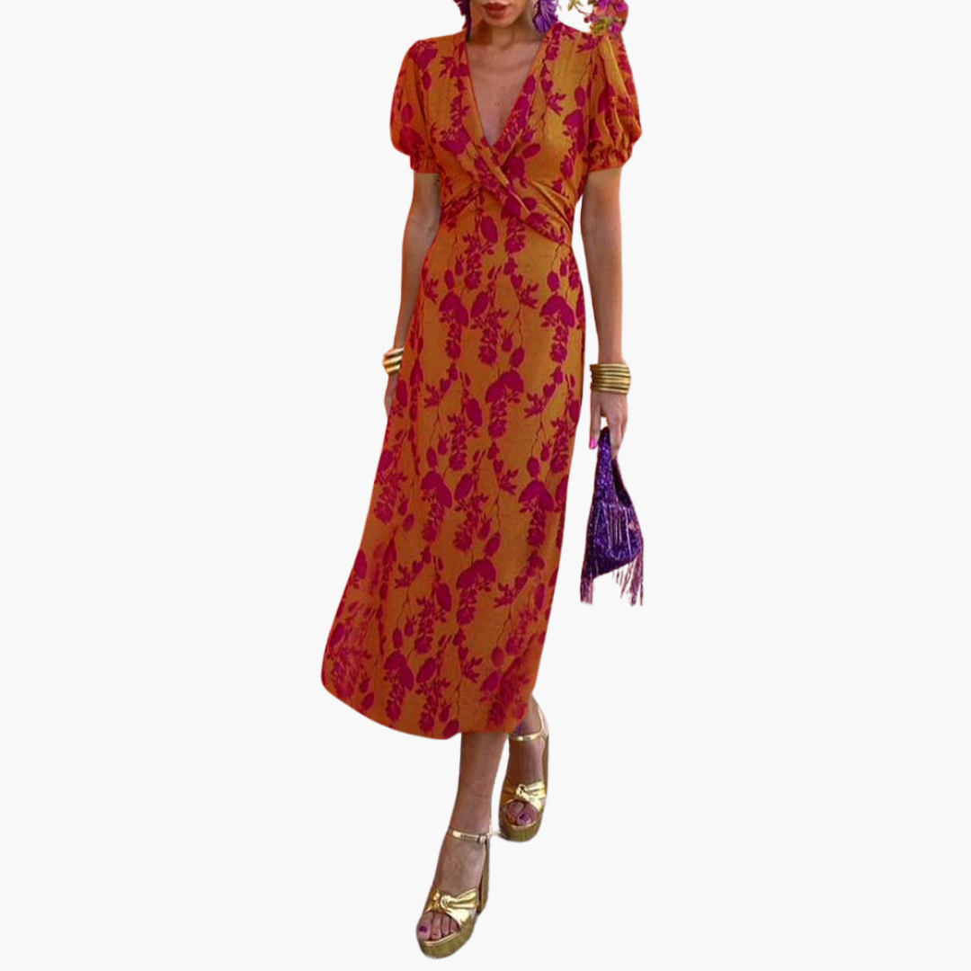 Julia | Elegant Deep V-Neck Dress with Leaf Pattern