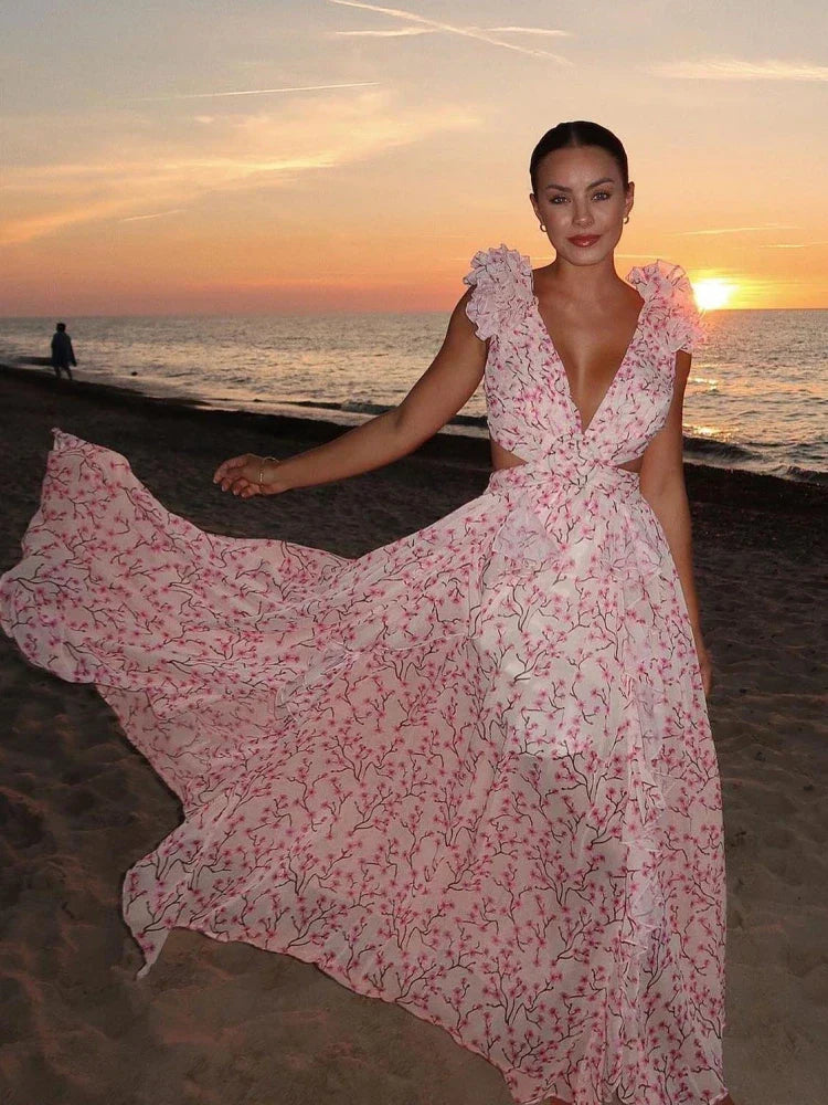 Angel | Elegant Backless Ruffles Maxi Dress