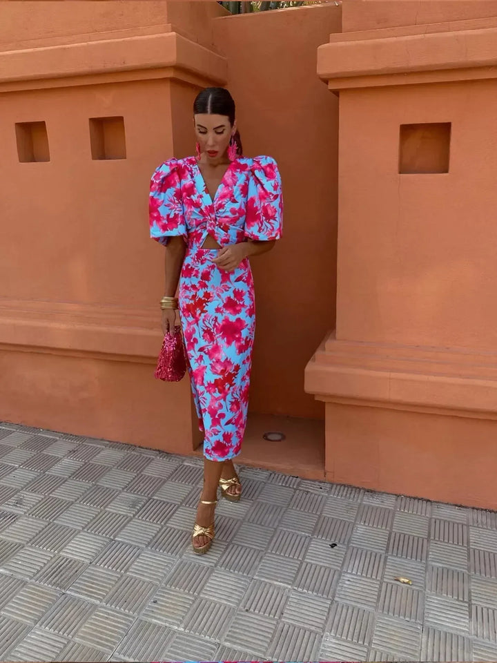 Loren - Vibrant Blue & Pink Puff Sleeve Dress