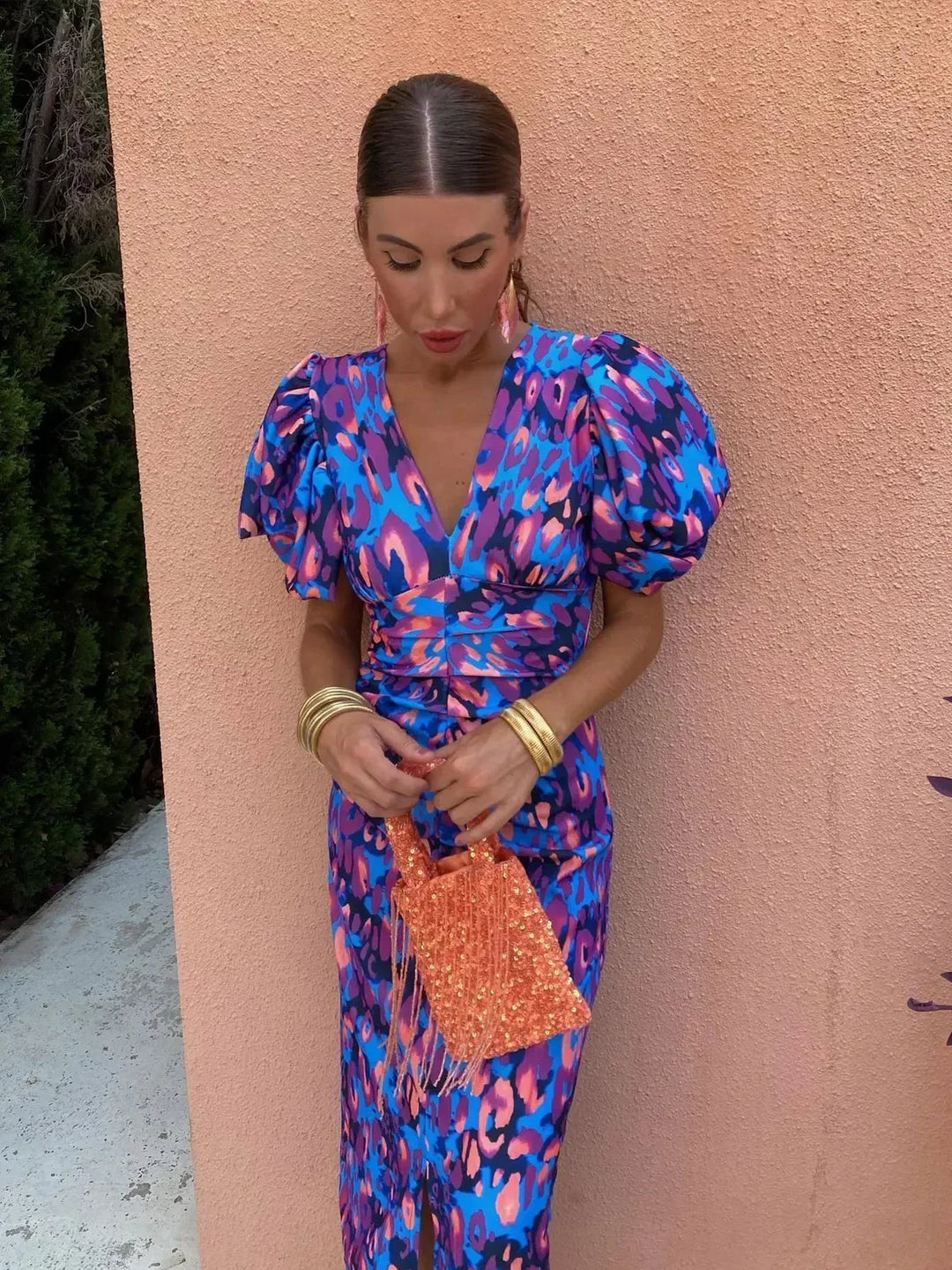Loren - Vibrant Blue & Pink Puff Sleeve Dress