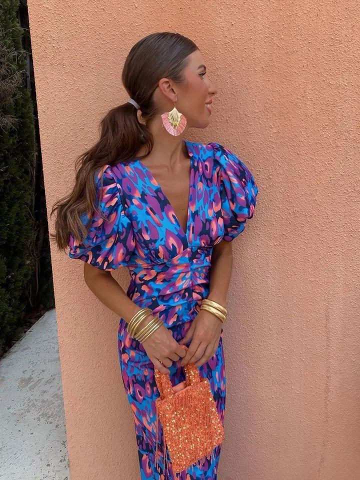 Loren - Vibrant Blue & Pink Puff Sleeve Dress