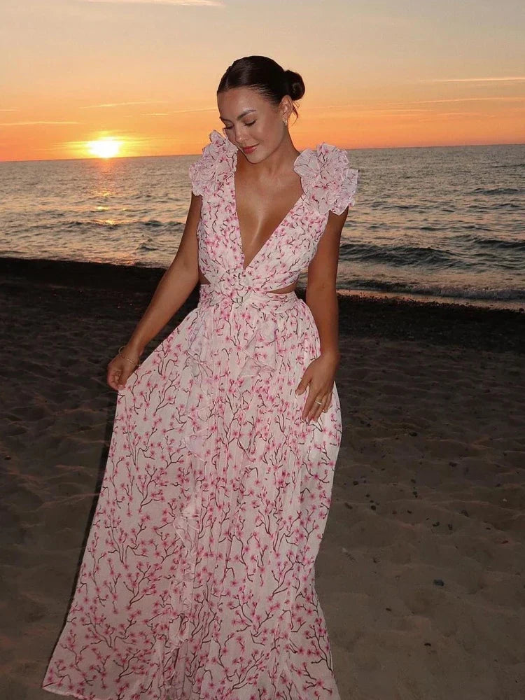 Angel | Elegant Backless Ruffles Maxi Dress