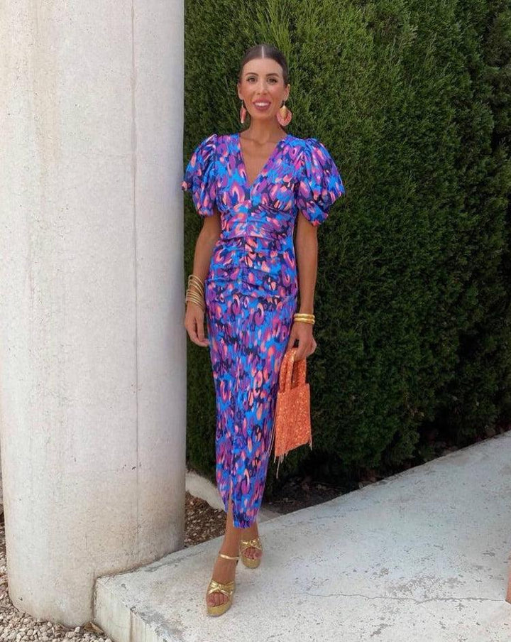 Loren - Vibrant Blue & Pink Puff Sleeve Dress