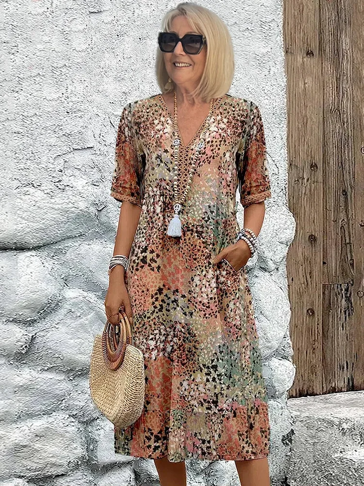 Danielle - Women's Colorful Midi Dress Featuring Convenient Pockets