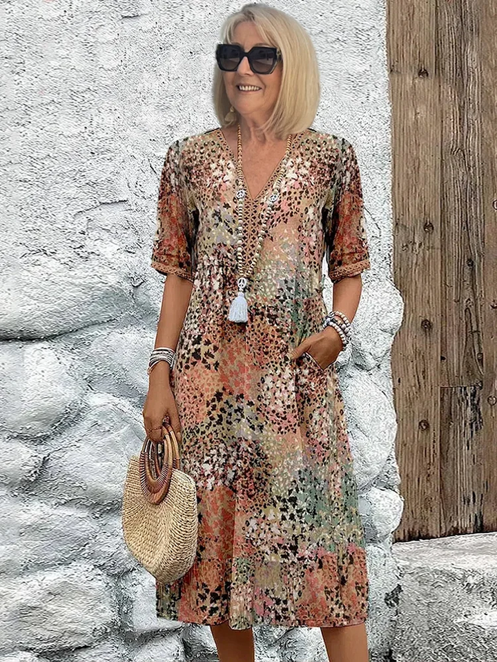 Danielle - Women's Colorful Midi Dress Featuring Convenient Pockets