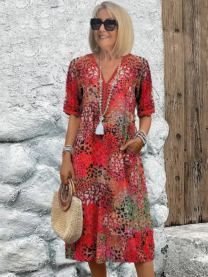 Danielle - Women's Colorful Midi Dress Featuring Convenient Pockets