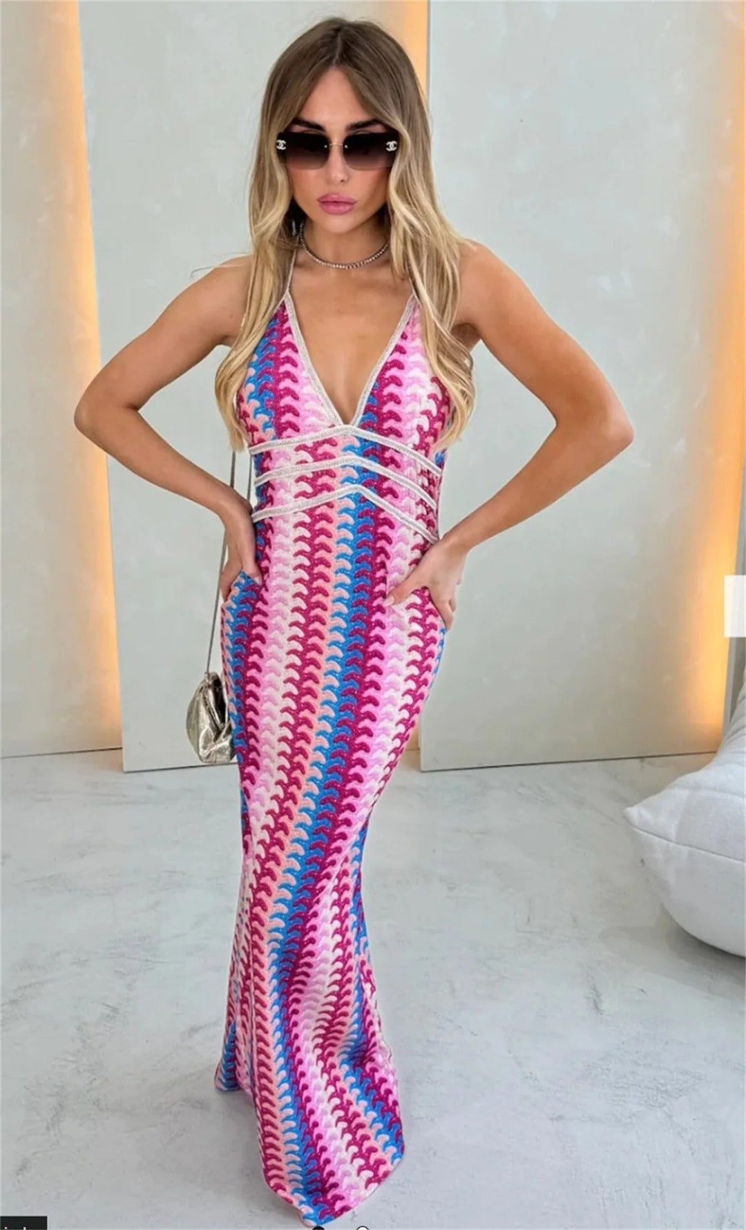 Charlotte - Elegant Halter Neck Striped Maxi Dress