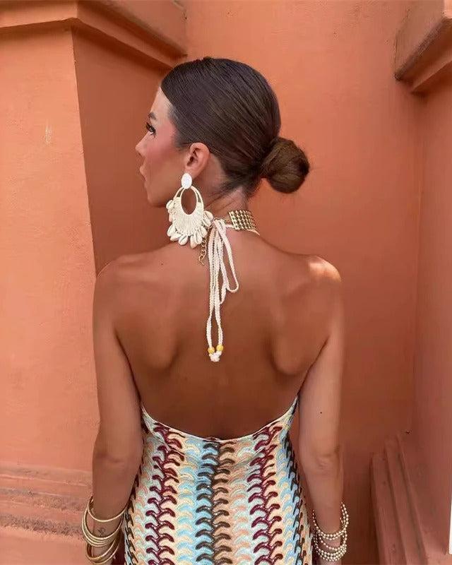 Charlotte - Elegant Halter Neck Striped Maxi Dress