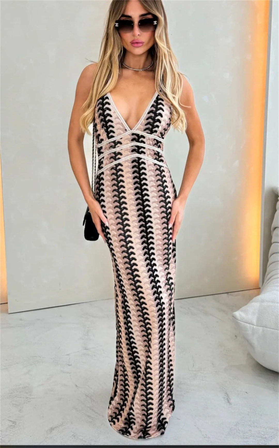 Charlotte - Elegant Halter Neck Striped Maxi Dress